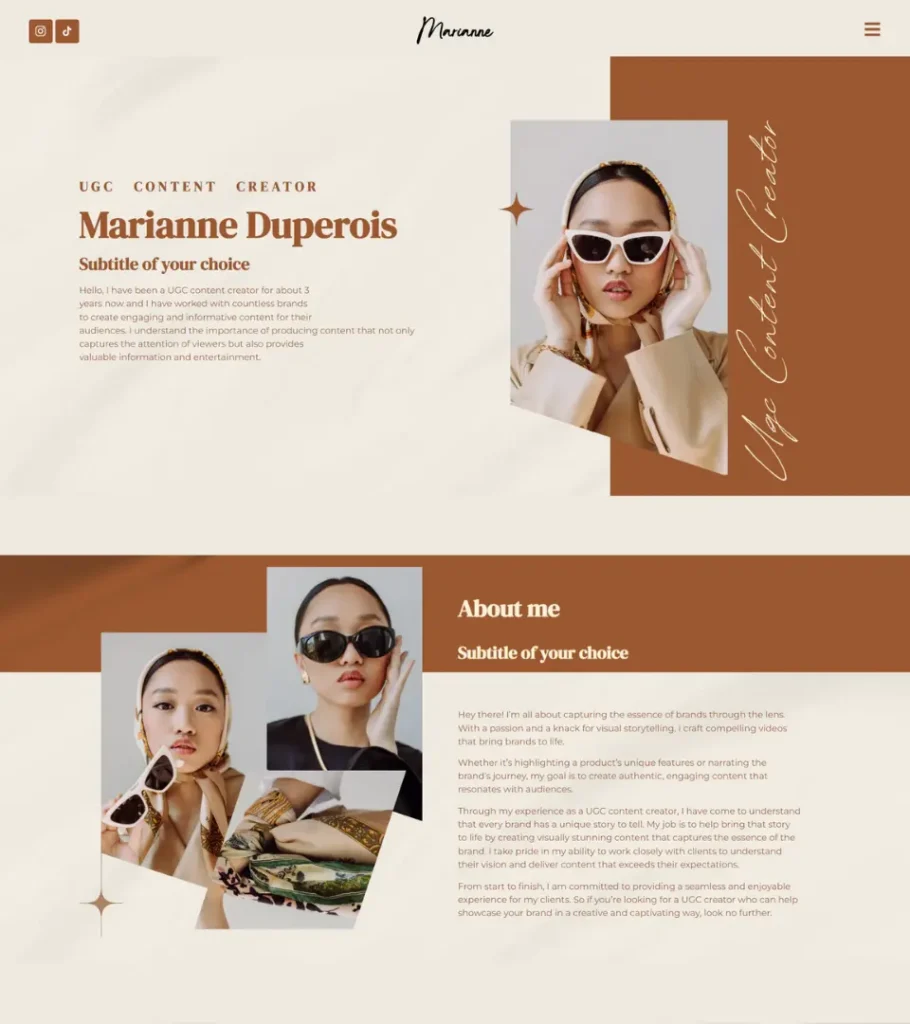 Mariannne an Elementor Template Kit, Website Template UGC Creator Portfolio 9